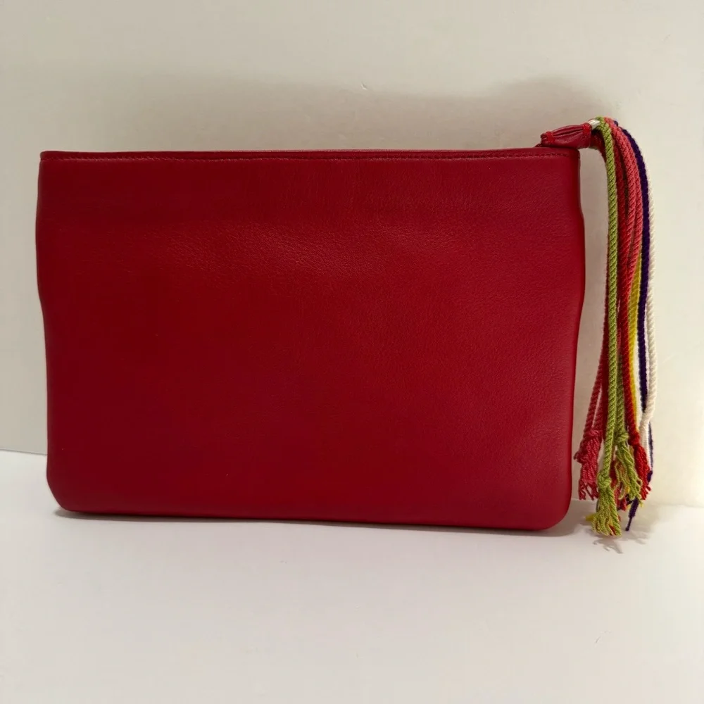 Fiori Coleccion Red Genuine Leather Embroidered Tassel Clutch Bag NWOT 10x7 Boho